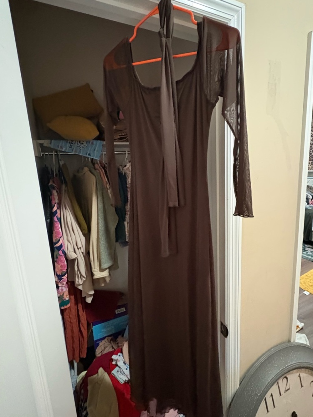 T.J.Maxx Brown Long Sleeve Tie-Neck Maxi Dress